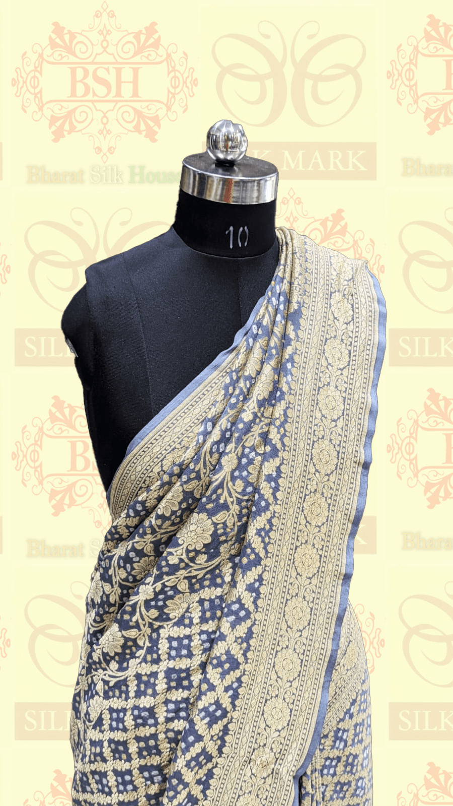 Pure Georgette Bandhej Banarasi Handloom Saree In Shades Of Grey - Bharat Silk House