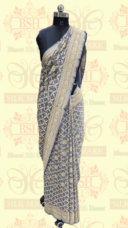 Pure Georgette Bandhej Banarasi Handloom Saree In Shades Of Grey - Bharat Silk House