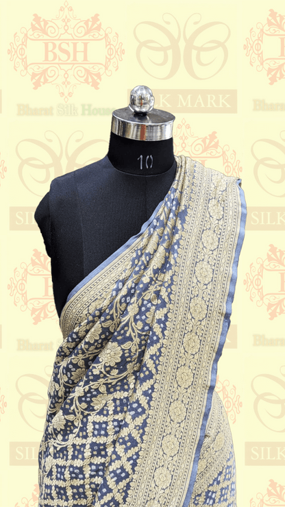 Pure Georgette Bandhej Banarasi Handloom Saree In Shades Of Grey - Bharat Silk House