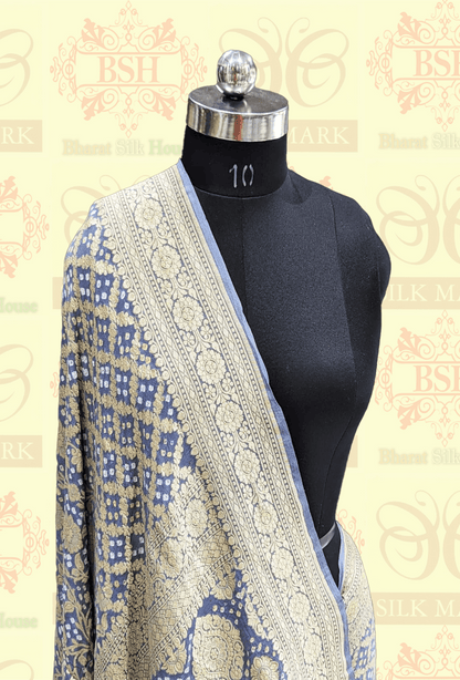 Pure Georgette Bandhej Banarasi Handloom Saree In Shades Of Grey - Bharat Silk House