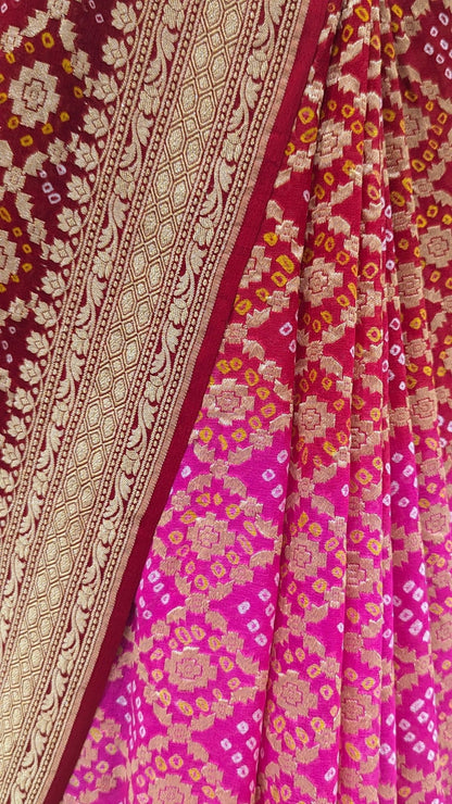 Pure Georgette Bandhej Handloom Banarasi Saree In Shades Of Red/Pink - Bharat Silk House