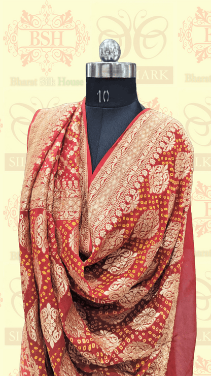 Pure Georgette Bandhej Handloom Banarasi Saree In Shades Of Red/Pink - Bharat Silk House