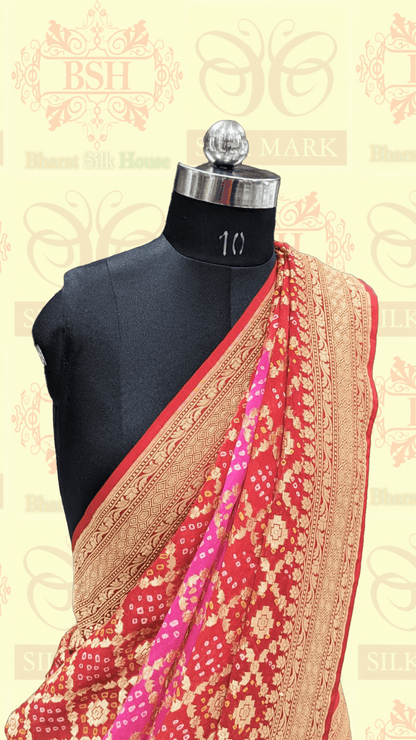 Pure Georgette Bandhej Handloom Banarasi Saree In Shades Of Red/Pink - Bharat Silk House