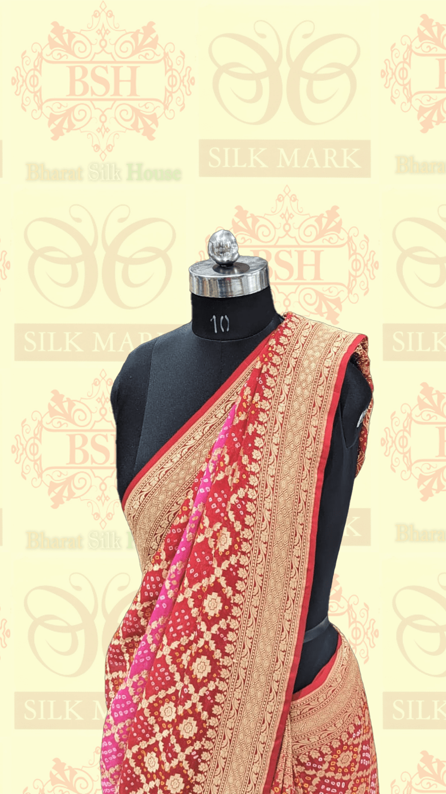 Pure Georgette Bandhej Handloom Banarasi Saree In Shades Of Red/Pink - Bharat Silk House