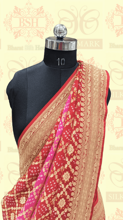 Pure Georgette Bandhej Handloom Banarasi Saree In Shades Of Red/Pink - Bharat Silk House