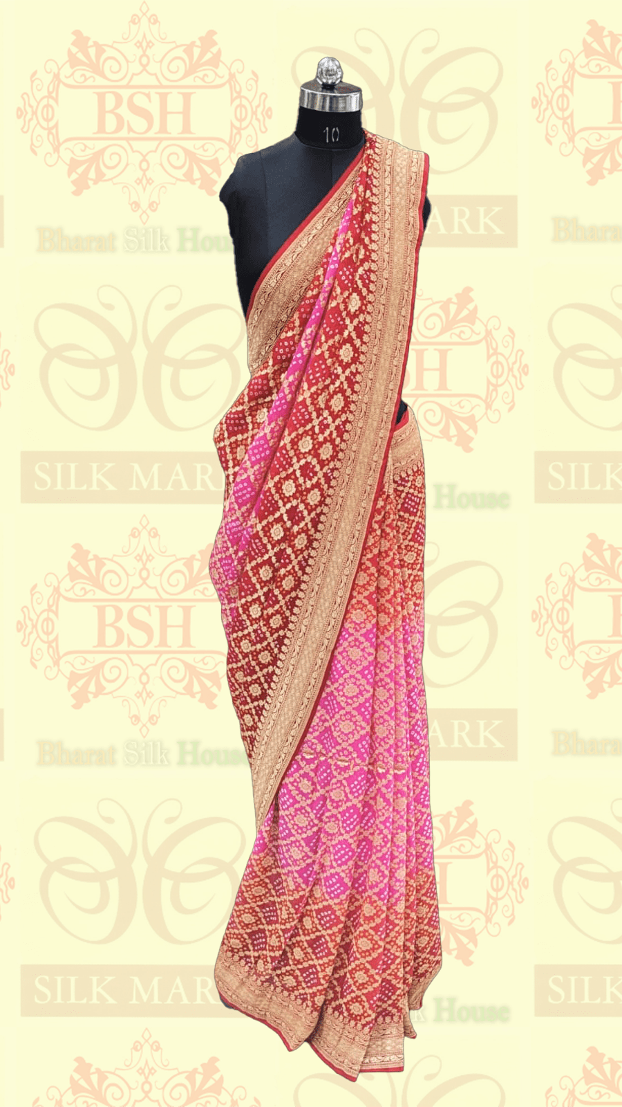 Pure Georgette Bandhej Handloom Banarasi Saree In Shades Of Red/Pink - Bharat Silk House