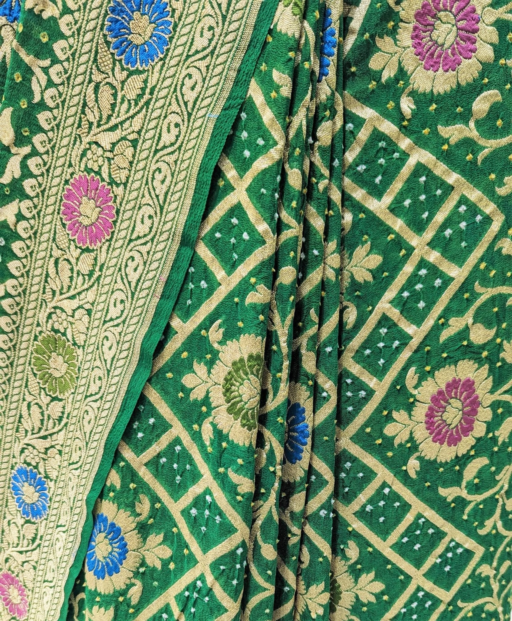 Pure Georgette Bandhej Meenakari Banarasi Saree In Shades Of Green - Bharat Silk House