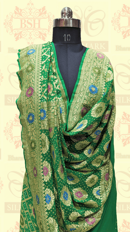 Pure Georgette Bandhej Meenakari Banarasi Saree In Shades Of Green - Bharat Silk House