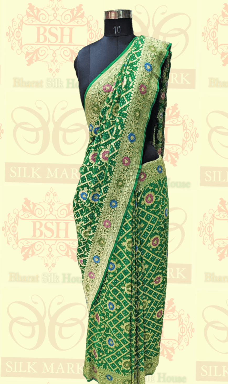 Pure Georgette Bandhej Meenakari Banarasi Saree In Shades Of Green - Bharat Silk House