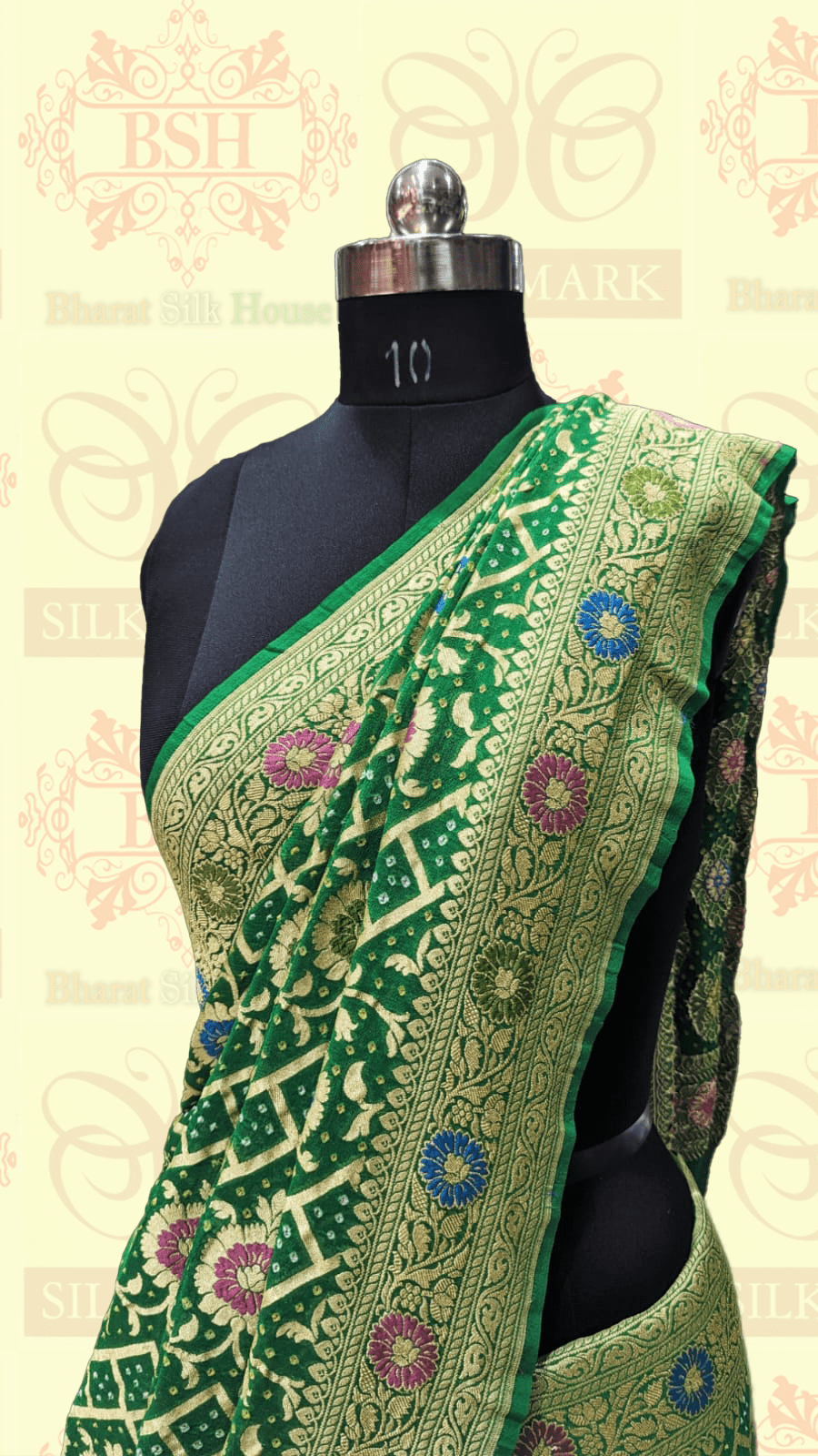 Pure Georgette Bandhej Meenakari Banarasi Saree In Shades Of Green - Bharat Silk House