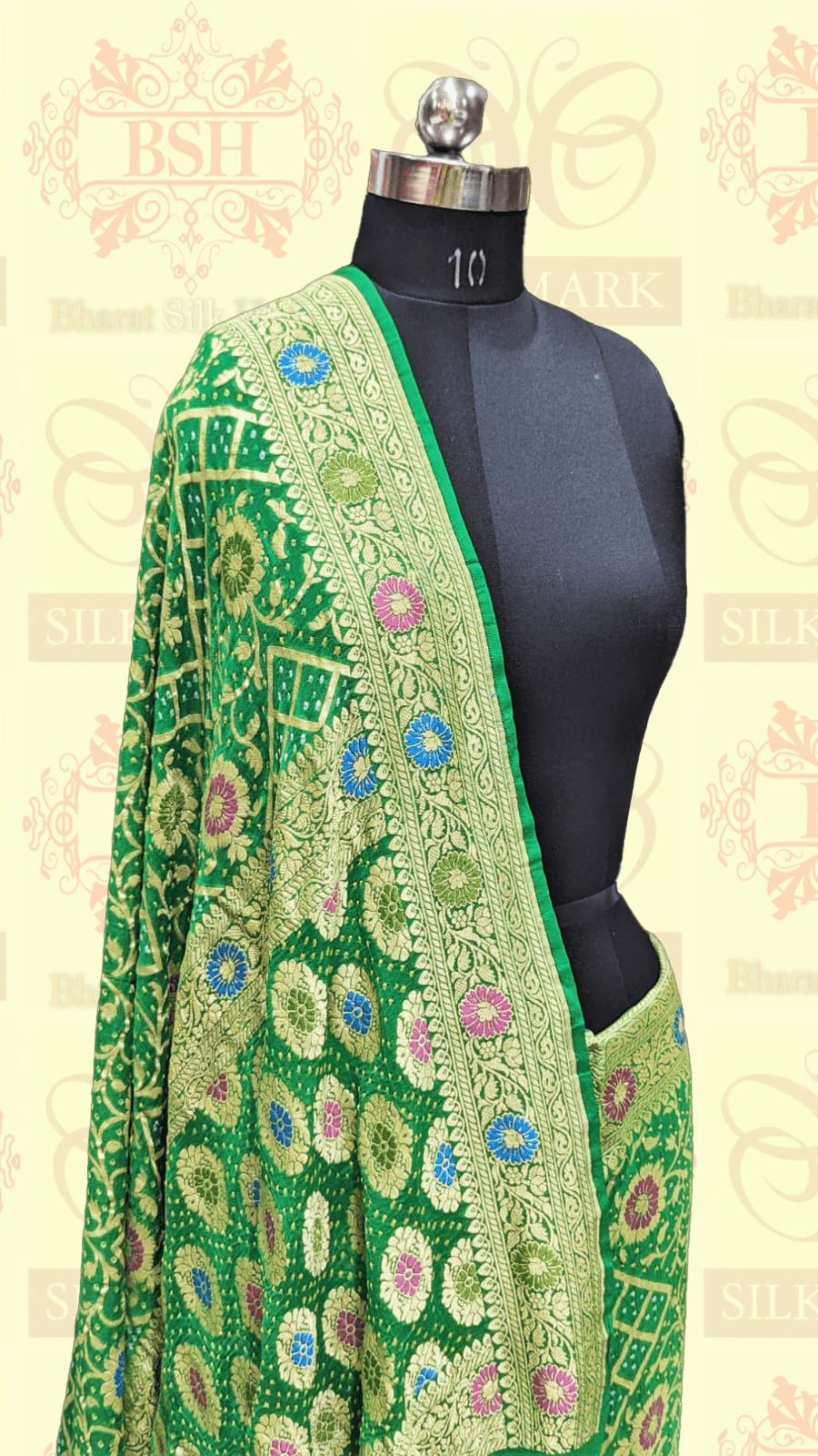 Pure Georgette Bandhej Meenakari Banarasi Saree In Shades Of Green - Bharat Silk House