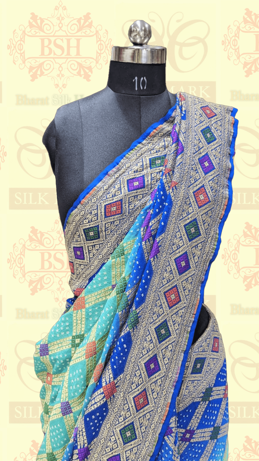 Pure Georgette Bandhej Meenakari Handloom Saree In Shades Of Royal & Celeste - Bharat Silk House