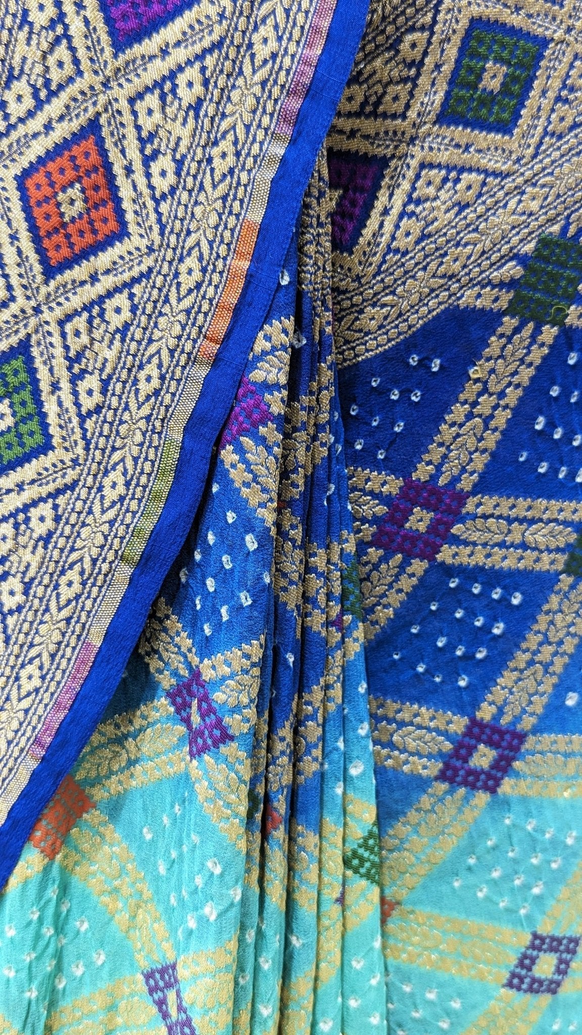 Pure Georgette Bandhej Meenakari Handloom Saree In Shades Of Royal & Celeste - Bharat Silk House