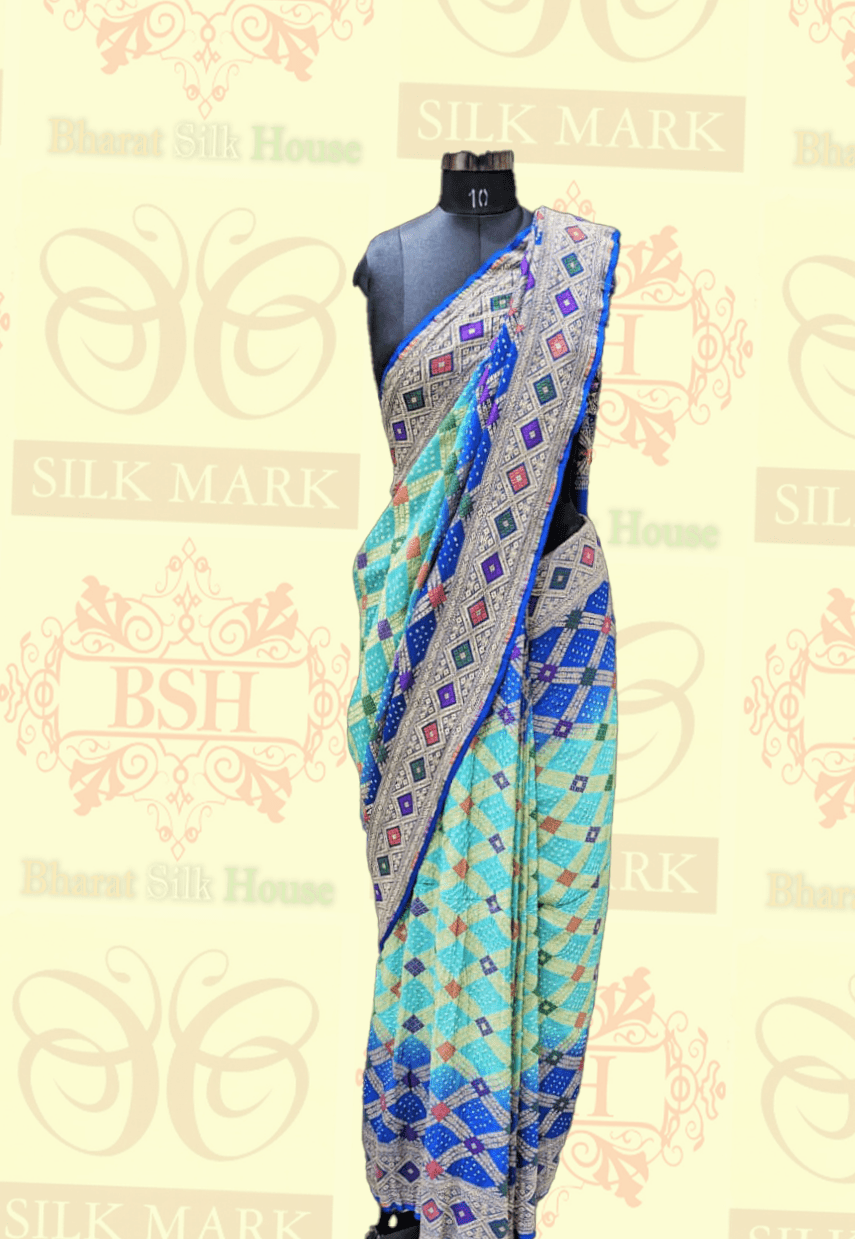 Pure Georgette Bandhej Meenakari Handloom Saree In Shades Of Royal & Celeste - Bharat Silk House