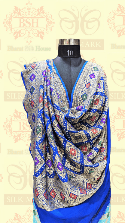 Pure Georgette Bandhej Meenakari Handloom Saree In Shades Of Royal & Celeste - Bharat Silk House