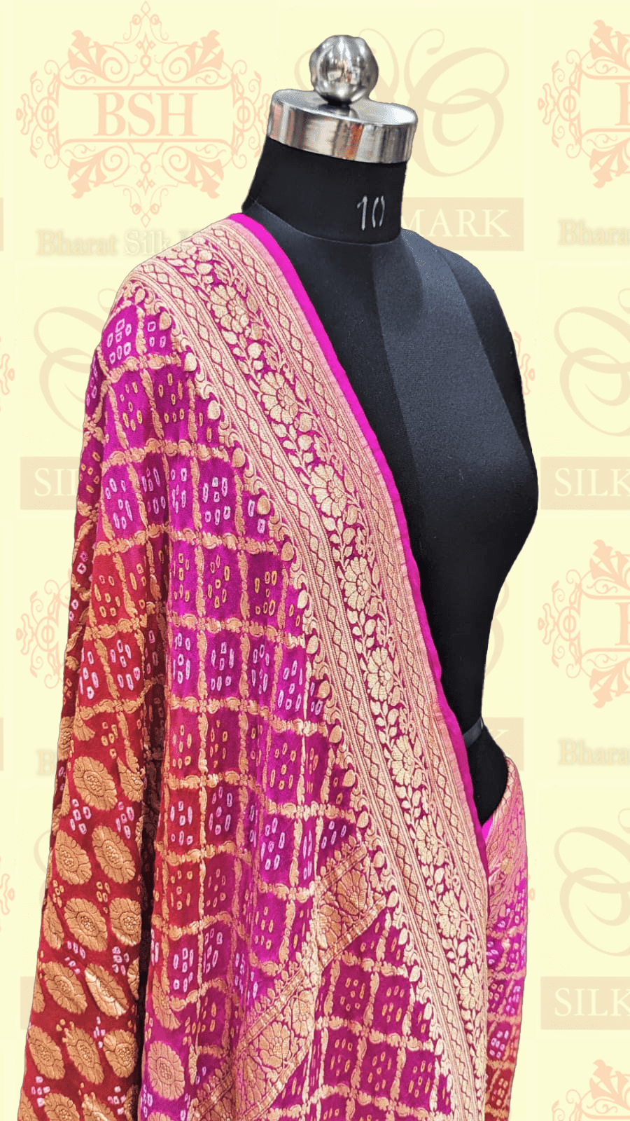 Pure Georgette Handloom Banarasi Bandhej Saaree In Dual Shades Of Red/Pink - Bharat Silk House