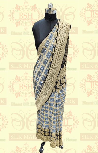 Pure Georgette Handloom Banarasi Bandhej Saree In Dual Shades Of Black/Grey - Bharat Silk House