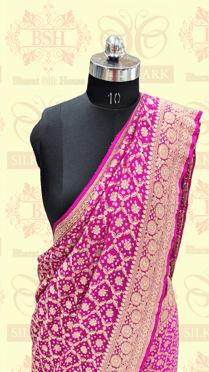 Pure Georgette Handloom Banarasi Bandhej Saree In Shades Of Pink - Bharat Silk House