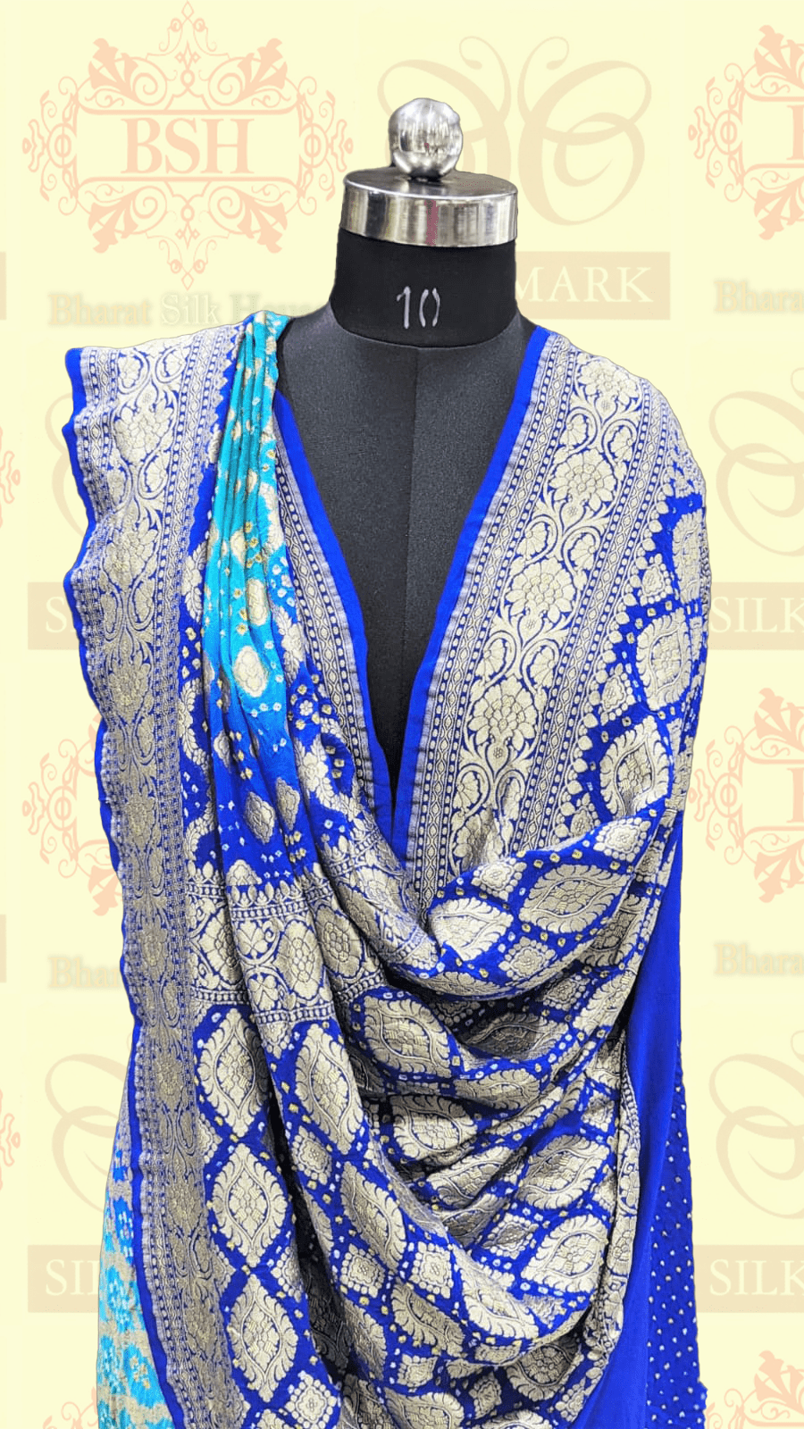 Pure Georgette Handloom Bandhej Banarasi Saree In Dual Shades Of Royal Blue - Bharat Silk House