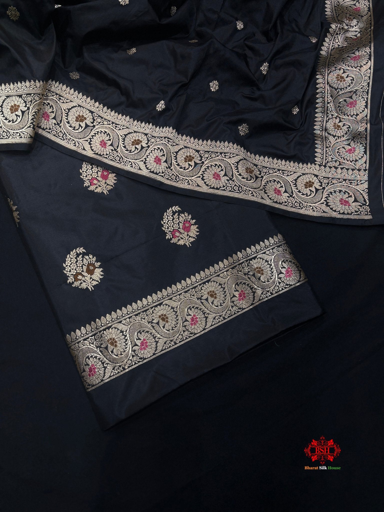 Pure Katan Handloom Silk Meena All Over Booti With Dupatta Suitpiece In Shade Of Black - Bharat Silk House Pure Kataan Silk