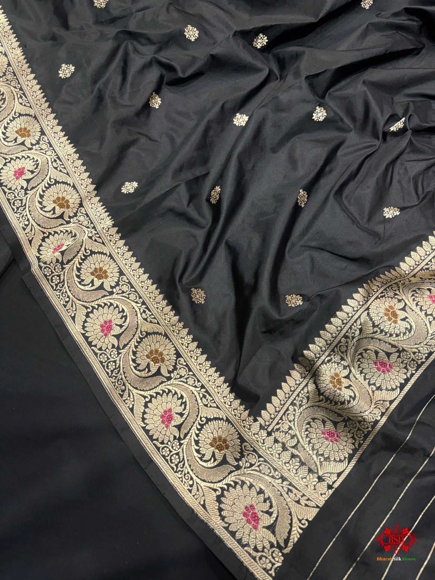 Pure Katan Handloom Silk Meena All Over Booti With Dupatta Suitpiece In Shade Of Black - Bharat Silk House Pure Kataan Silk