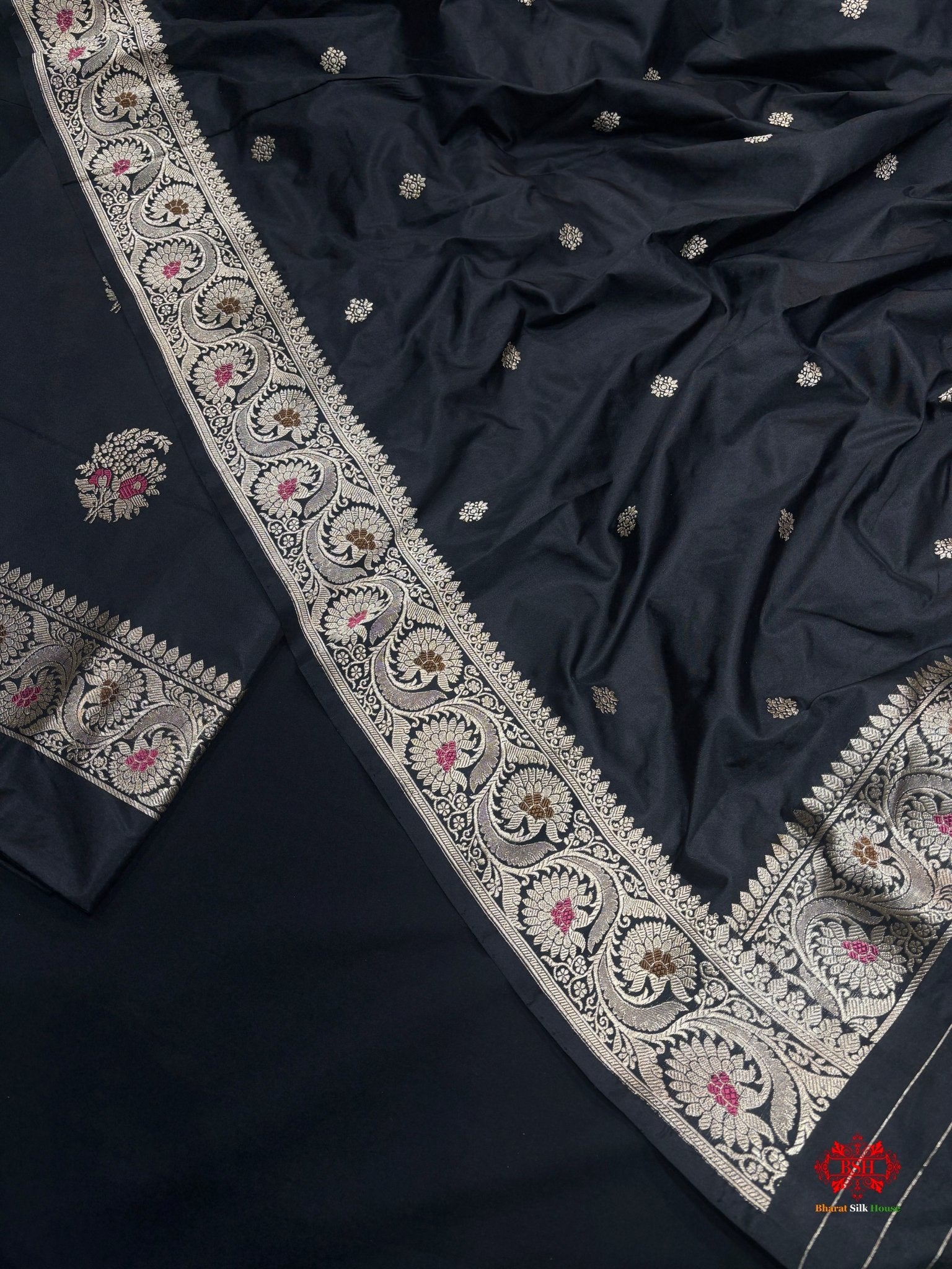 Pure Katan Handloom Silk Meena All Over Booti With Dupatta Suitpiece In Shade Of Black - Bharat Silk House Pure Kataan Silk