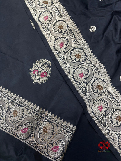 Pure Katan Handloom Silk Meena All Over Booti With Dupatta Suitpiece In Shade Of Black - Bharat Silk House Pure Kataan Silk