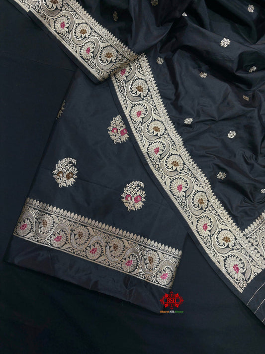 Pure Katan Handloom Silk Meena All Over Booti With Dupatta Suitpiece In Shade Of Black - Bharat Silk House Pure Kataan Silk