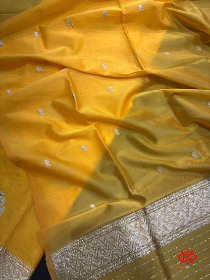 Pure Katan Handloom Silk Meena All Over Booti With Dupatta Suitpiece In Shade Of Yellow - Bharat Silk House Pure Kataan Silk