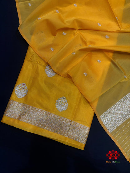 Pure Katan Handloom Silk Meena All Over Booti With Dupatta Suitpiece In Shade Of Yellow - Bharat Silk House Pure Kataan Silk