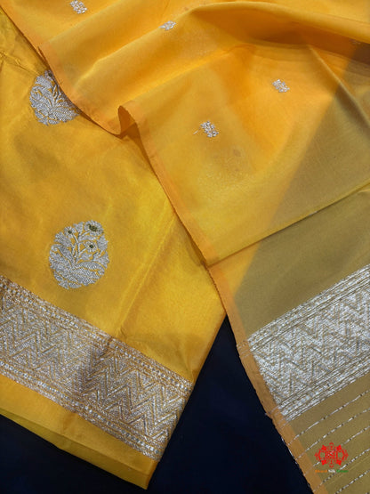 Pure Katan Handloom Silk Meena All Over Booti With Dupatta Suitpiece In Shade Of Yellow - Bharat Silk House Pure Kataan Silk