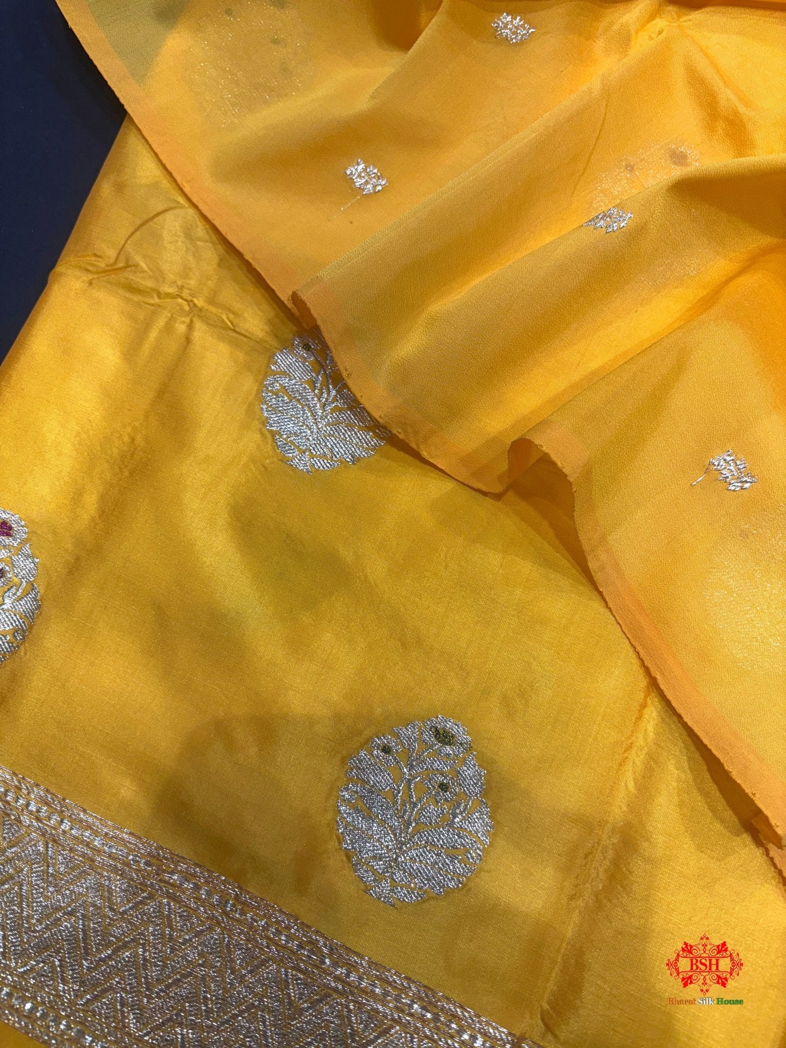 Pure Katan Handloom Silk Meena All Over Booti With Dupatta Suitpiece In Shade Of Yellow - Bharat Silk House Pure Kataan Silk