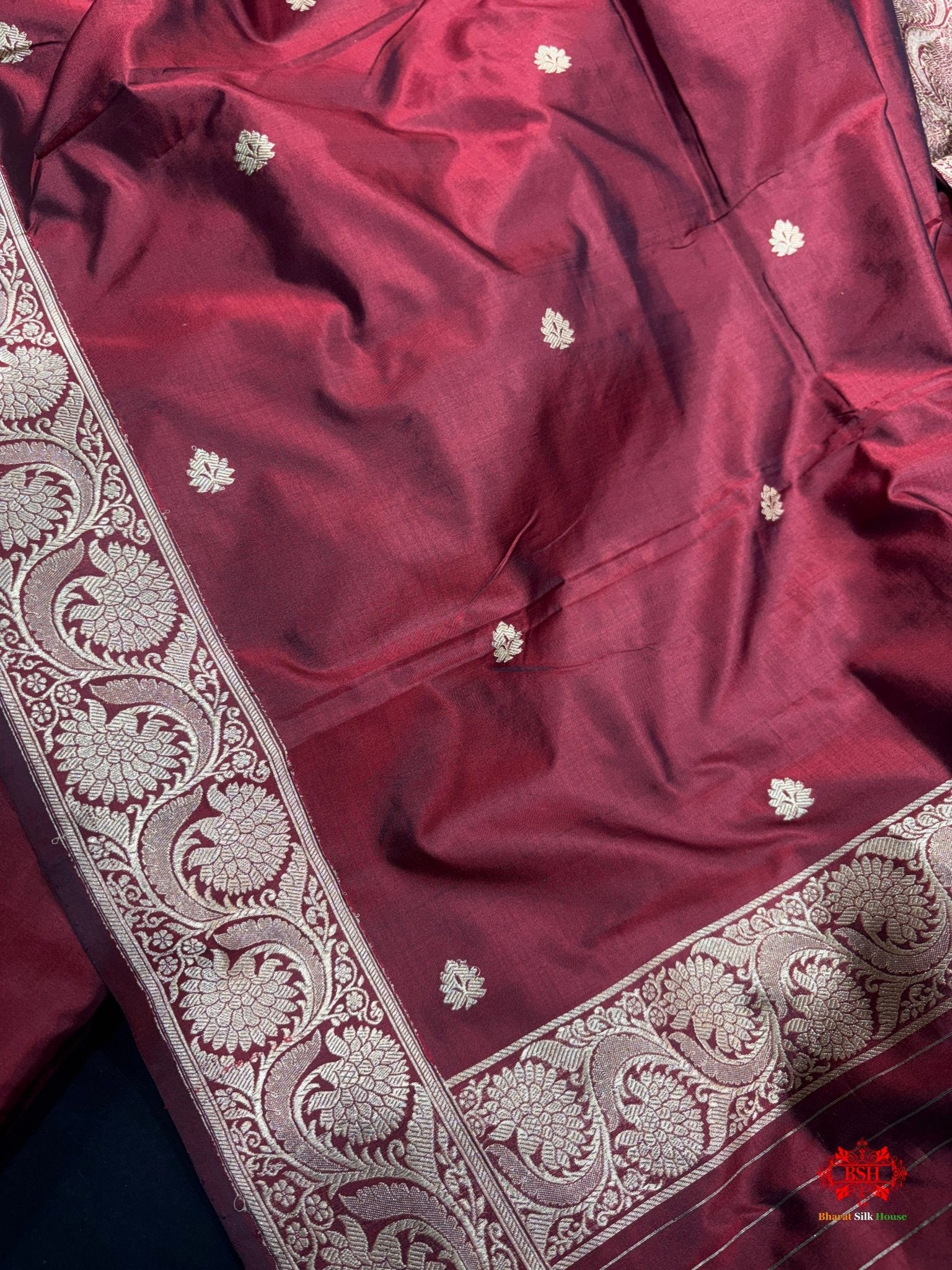 Pure Katan Handloom Silk Sona Rupa All Over Booti With Dupatta Suitpiece In Shade Of Garnet - Bharat Silk House Pure Kataan Silk