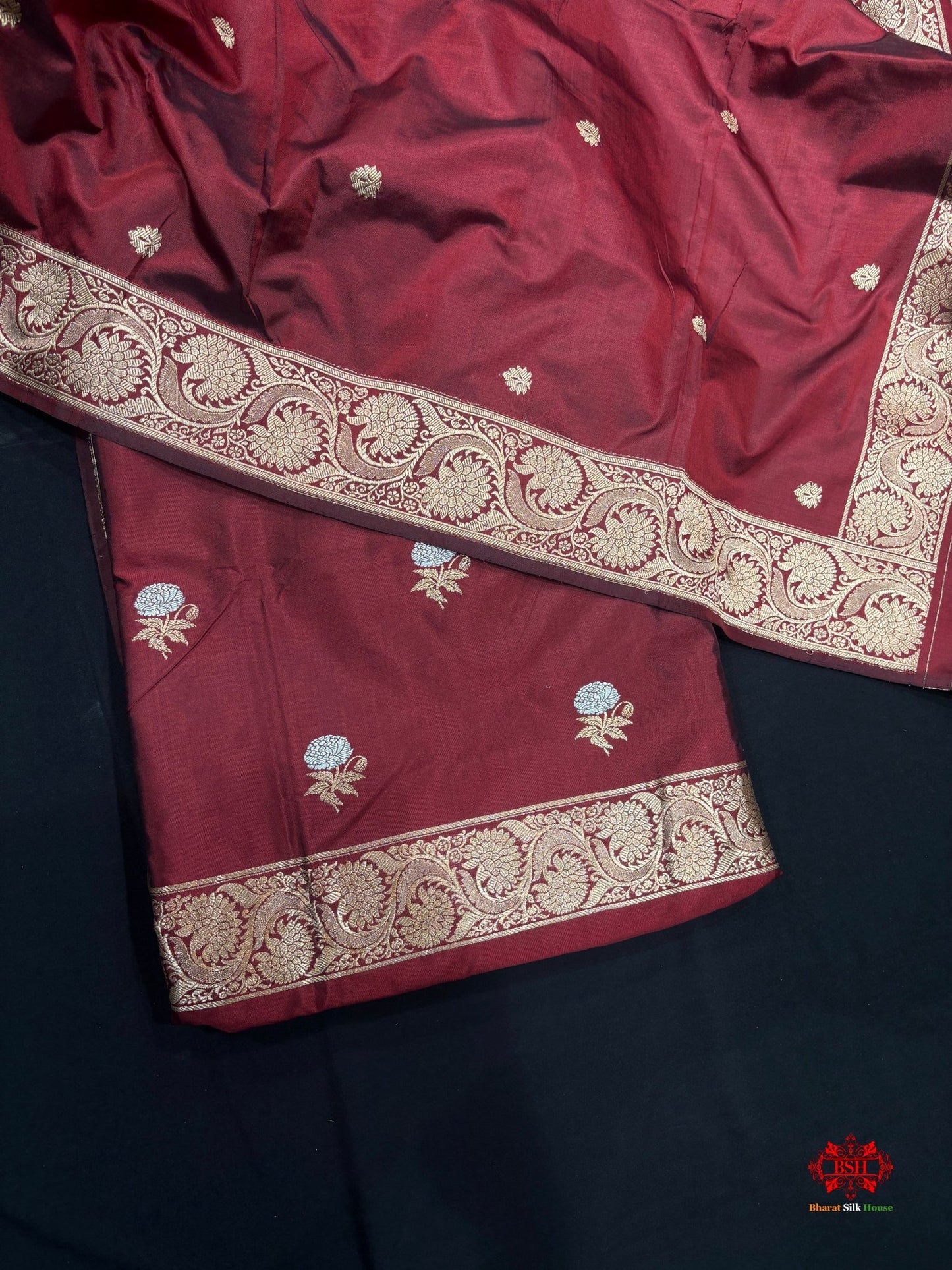 Pure Katan Handloom Silk Sona Rupa All Over Booti With Dupatta Suitpiece In Shade Of Garnet - Bharat Silk House Pure Kataan Silk