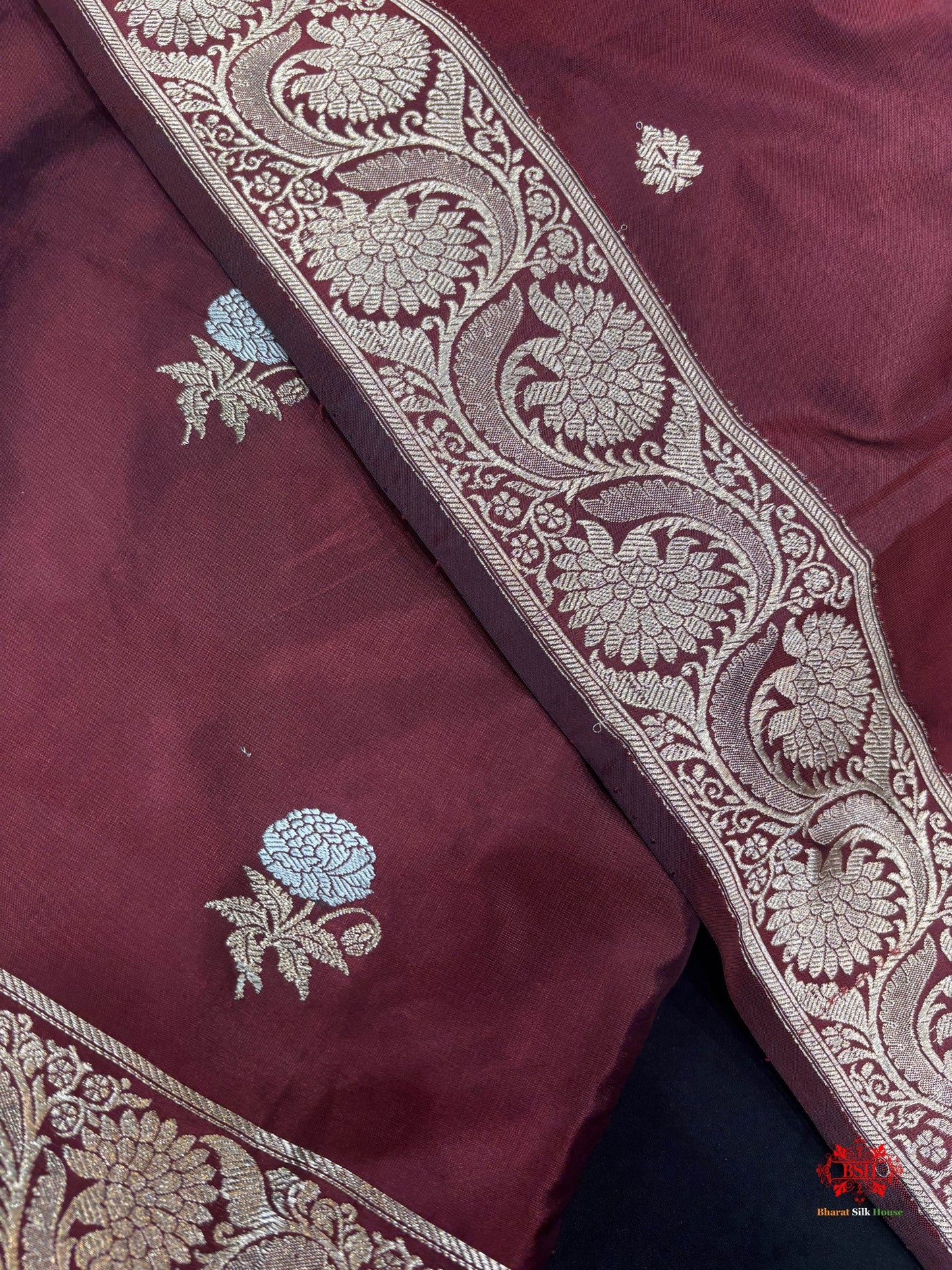 Pure Katan Handloom Silk Sona Rupa All Over Booti With Dupatta Suitpiece In Shade Of Garnet - Bharat Silk House Pure Kataan Silk