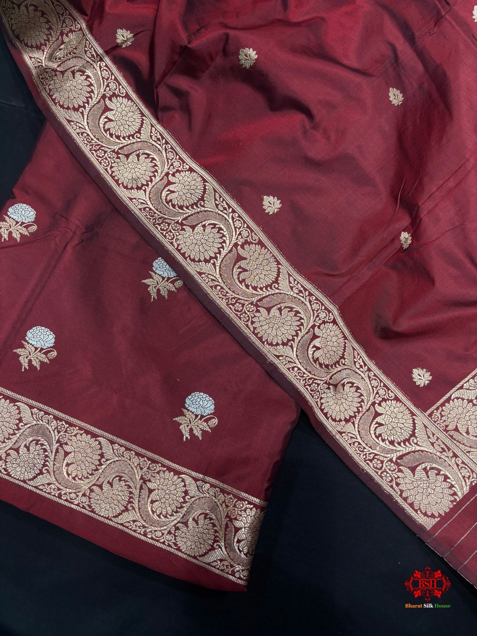 Pure Katan Handloom Silk Sona Rupa All Over Booti With Dupatta Suitpiece In Shade Of Garnet - Bharat Silk House Pure Kataan Silk