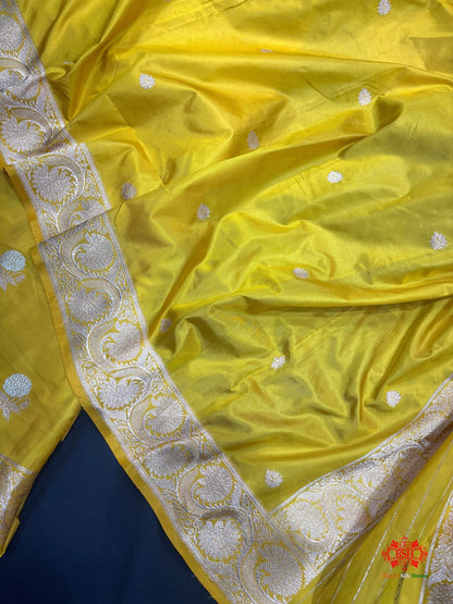 Pure Katan Handloom Silk Sona Rupa All Over Booti With Dupatta Suitpiece In Shade Of Yellow - Bharat Silk House Pure Kataan Silk