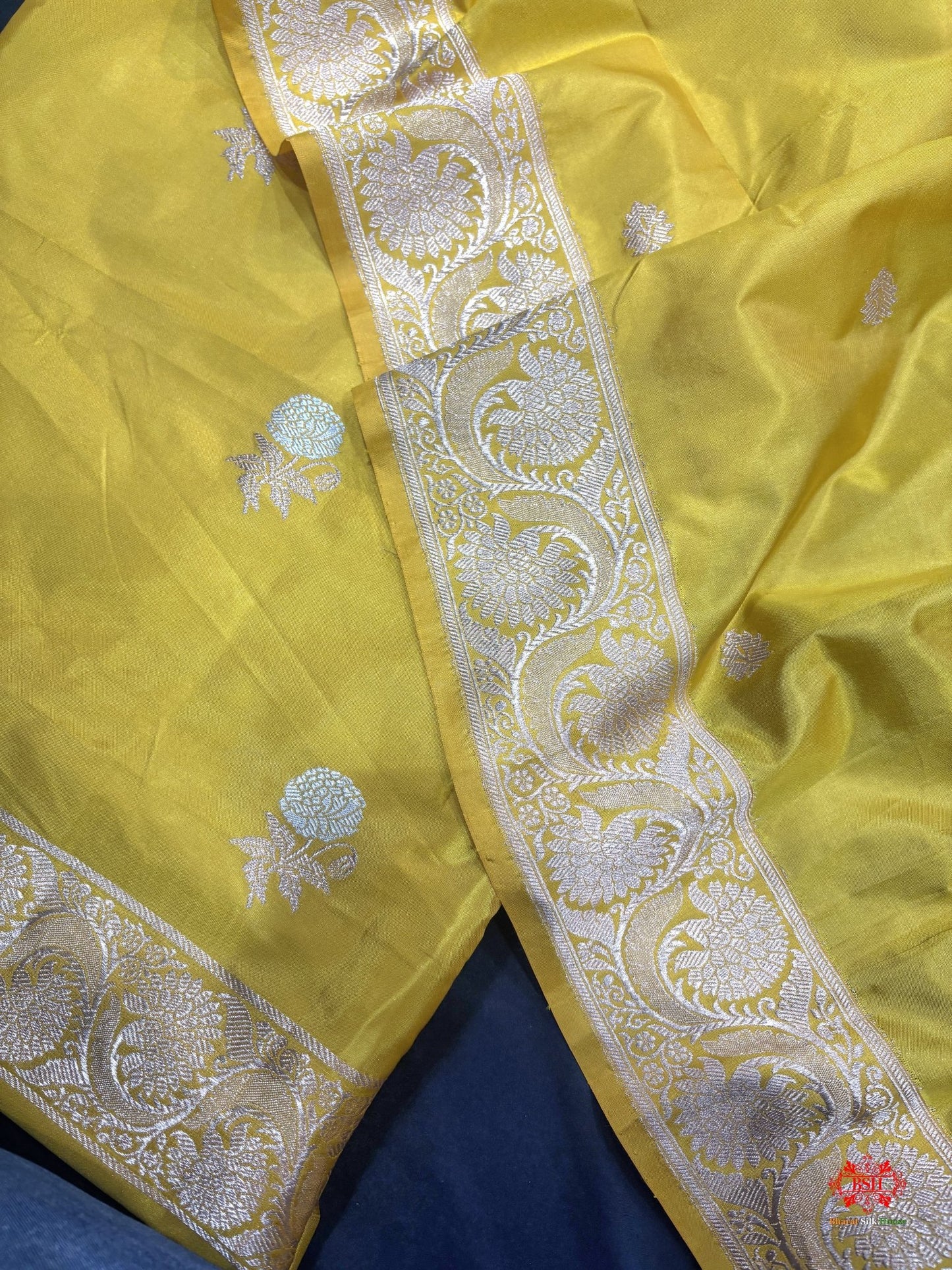 Pure Katan Handloom Silk Sona Rupa All Over Booti With Dupatta Suitpiece In Shade Of Yellow - Bharat Silk House Pure Kataan Silk