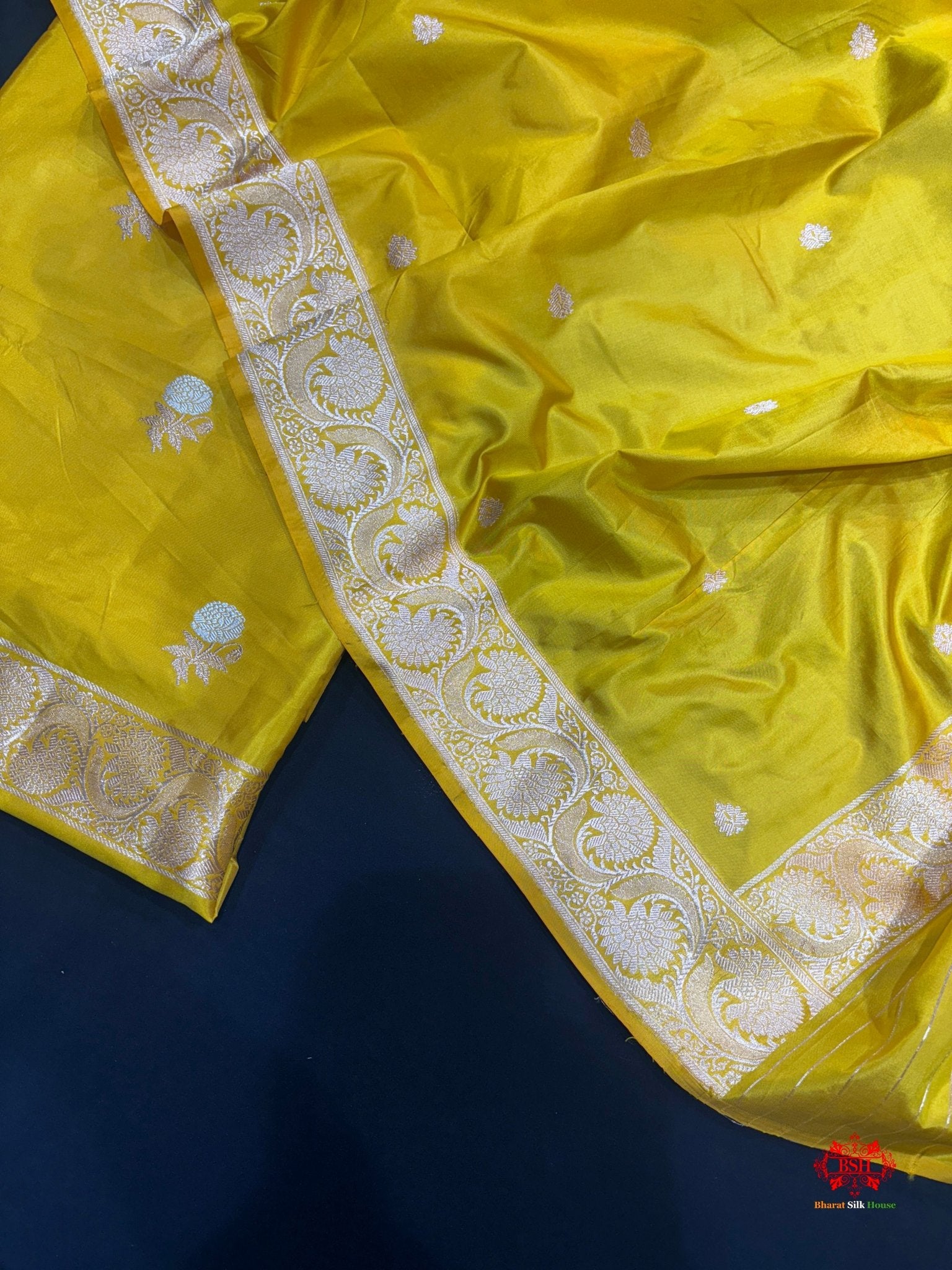 Pure Katan Handloom Silk Sona Rupa All Over Booti With Dupatta Suitpiece In Shade Of Yellow - Bharat Silk House Pure Kataan Silk