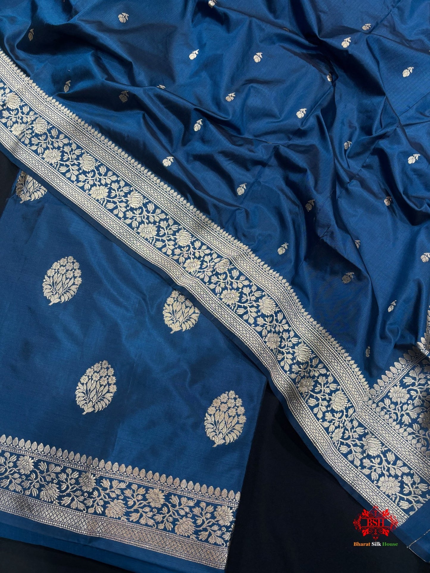 Pure Katan Handloom Silk Suitpiece In Shade Of Blue - Bharat Silk House Pure Kataan Silk