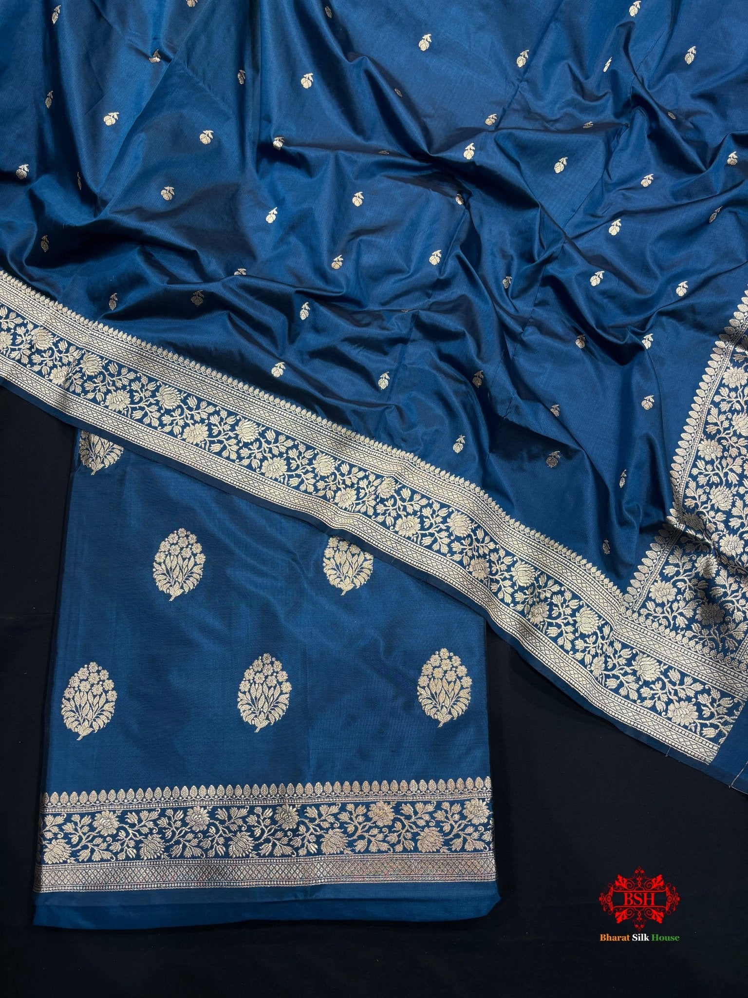 Pure Katan Handloom Silk Suitpiece In Shade Of Blue - Bharat Silk House Pure Kataan Silk