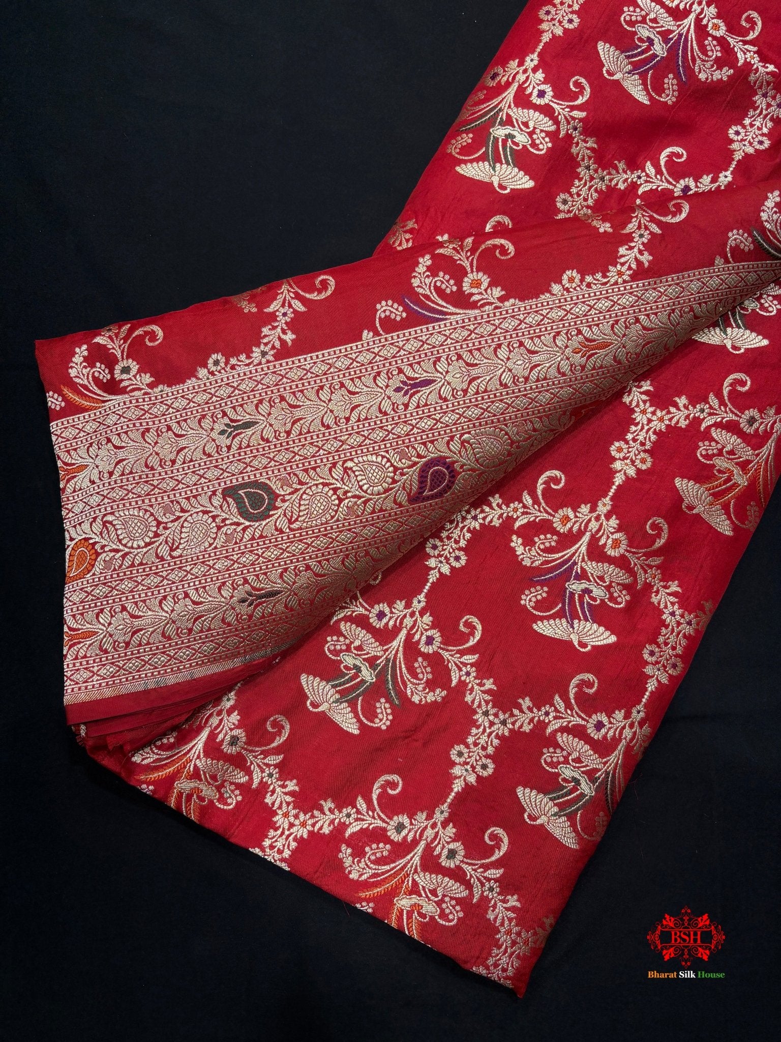 Pure Katan Silk Banarasi Handloom Saree - All over Jaal work with Meenakari - Bharat Silk House Pure Kataan Silk