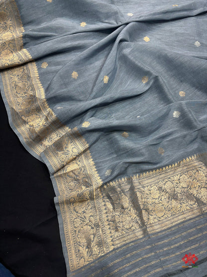 Pure Linen Handloom Meena Floral Booti With Dupatta Suitpiece In Shade Of Blue - Bharat Silk House Pure Linen Suit