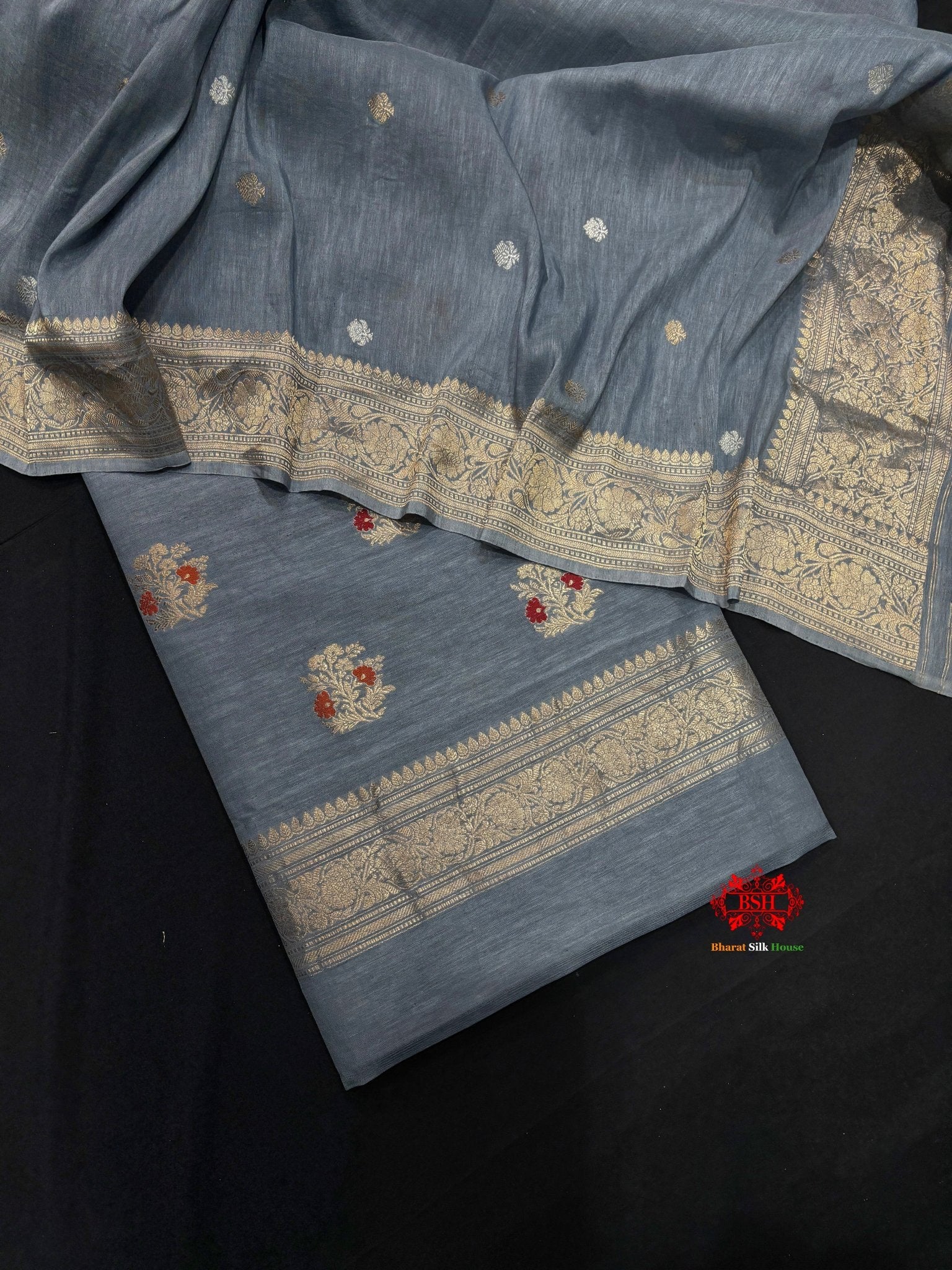 Pure Linen Handloom Meena Floral Booti With Dupatta Suitpiece In Shade Of Blue - Bharat Silk House Pure Linen Suit