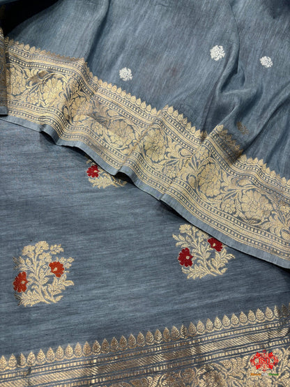 Pure Linen Handloom Meena Floral Booti With Dupatta Suitpiece In Shade Of Blue - Bharat Silk House Pure Linen Suit