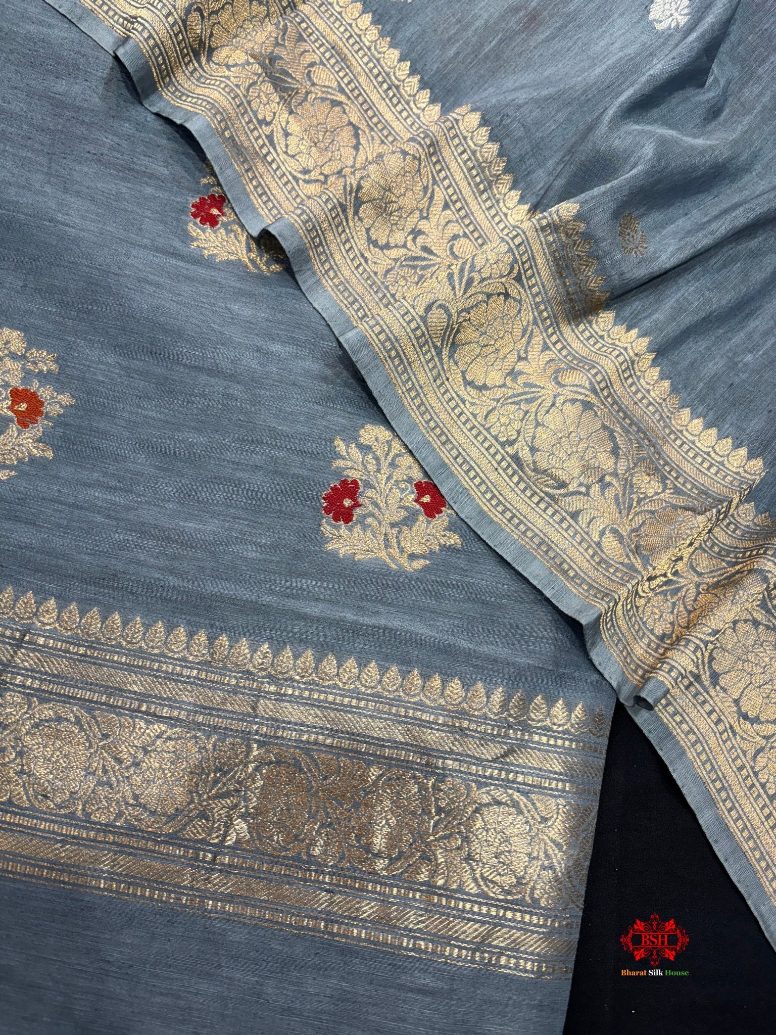 Pure Linen Handloom Meena Floral Booti With Dupatta Suitpiece In Shade Of Blue - Bharat Silk House Pure Linen Suit