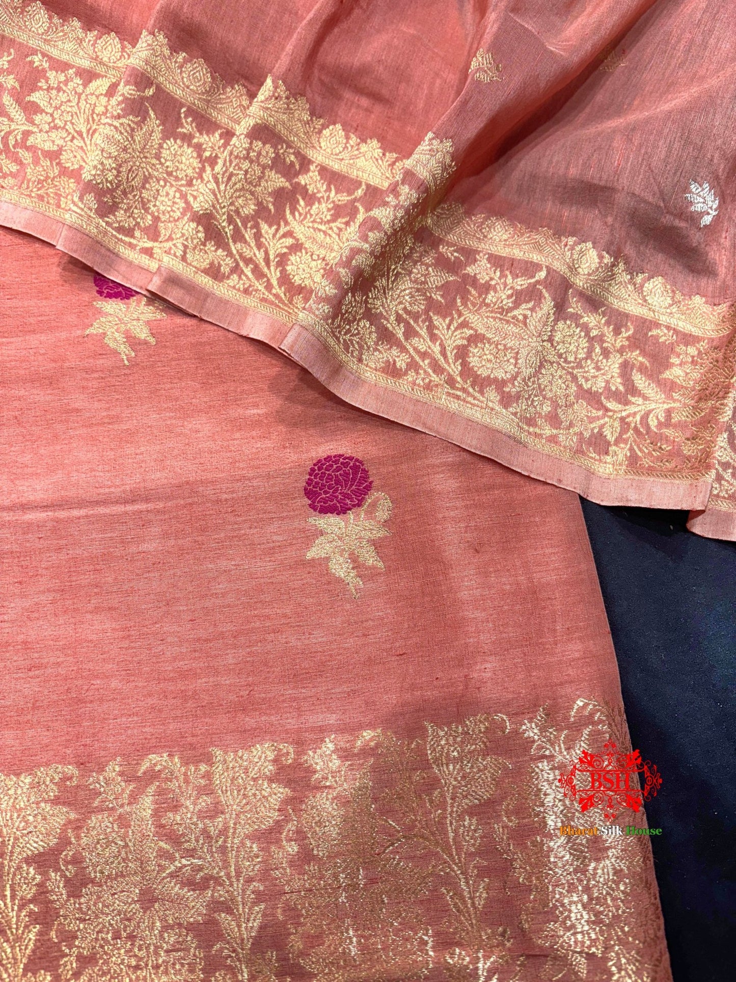 Pure Linen Handloom Meena Floral Booti With Dupatta Suitpiece In Shade Of Peach - Bharat Silk House Pure Linen Suit