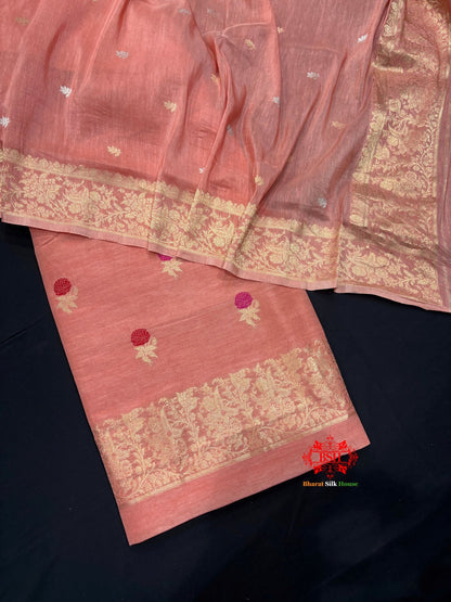 Pure Linen Handloom Meena Floral Booti With Dupatta Suitpiece In Shade Of Peach - Bharat Silk House Pure Linen Suit