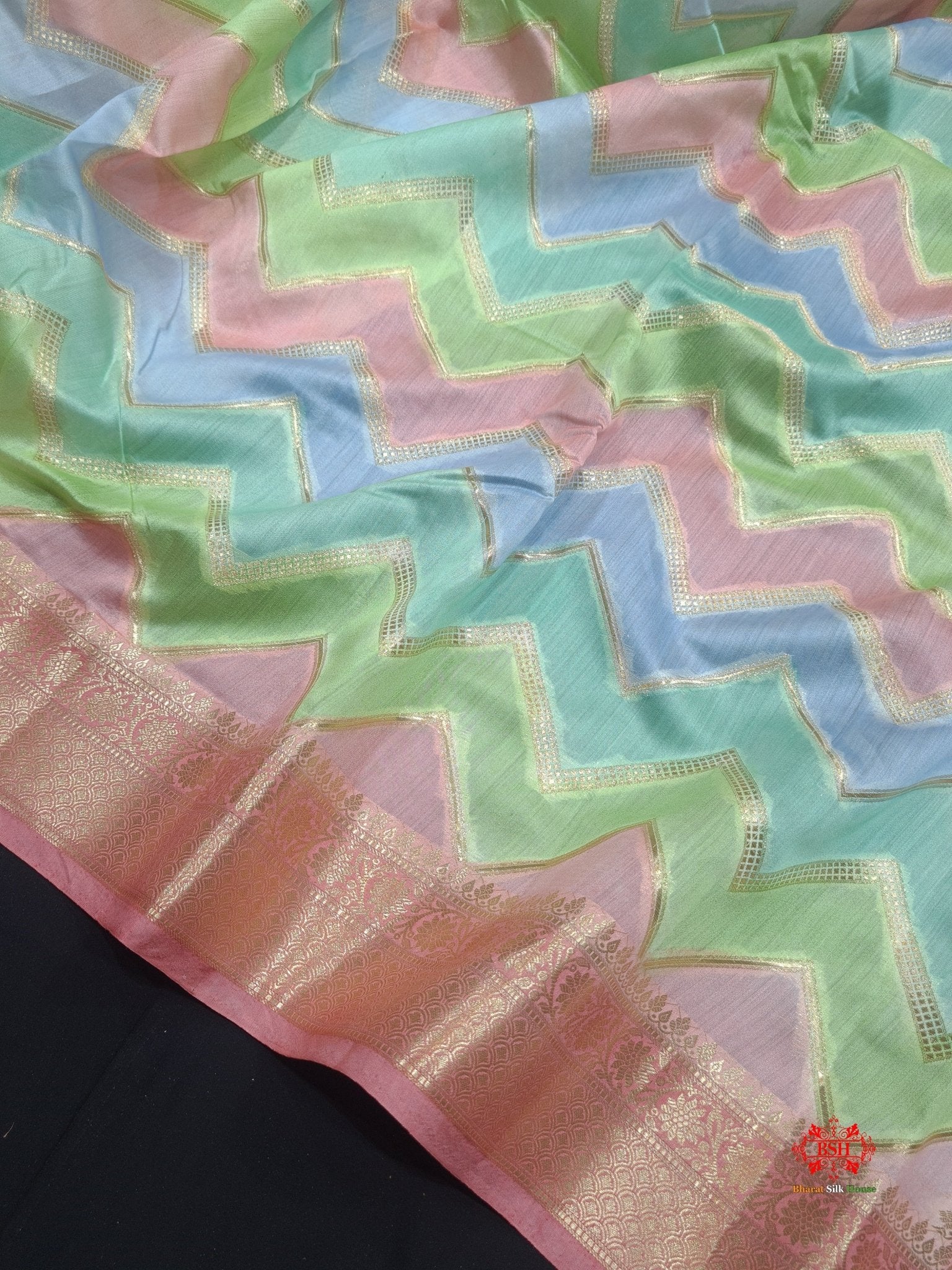 Pure Rangkaat Multi Color Zigzag Chiniya Silk Saree - Bharat Silk House