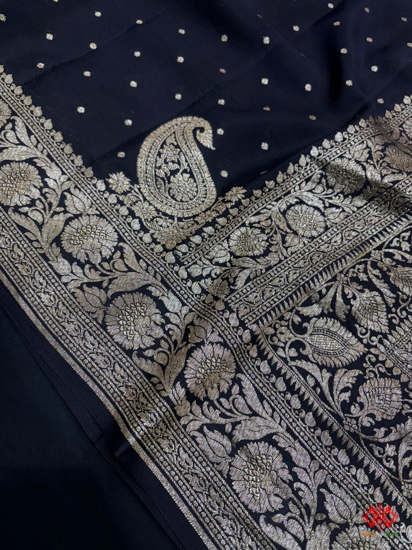 Pure Silk Crape Khaddi Georgette Saree With Antique Zari In Shades Of Black - Bharat Silk House Crepe Khaddi